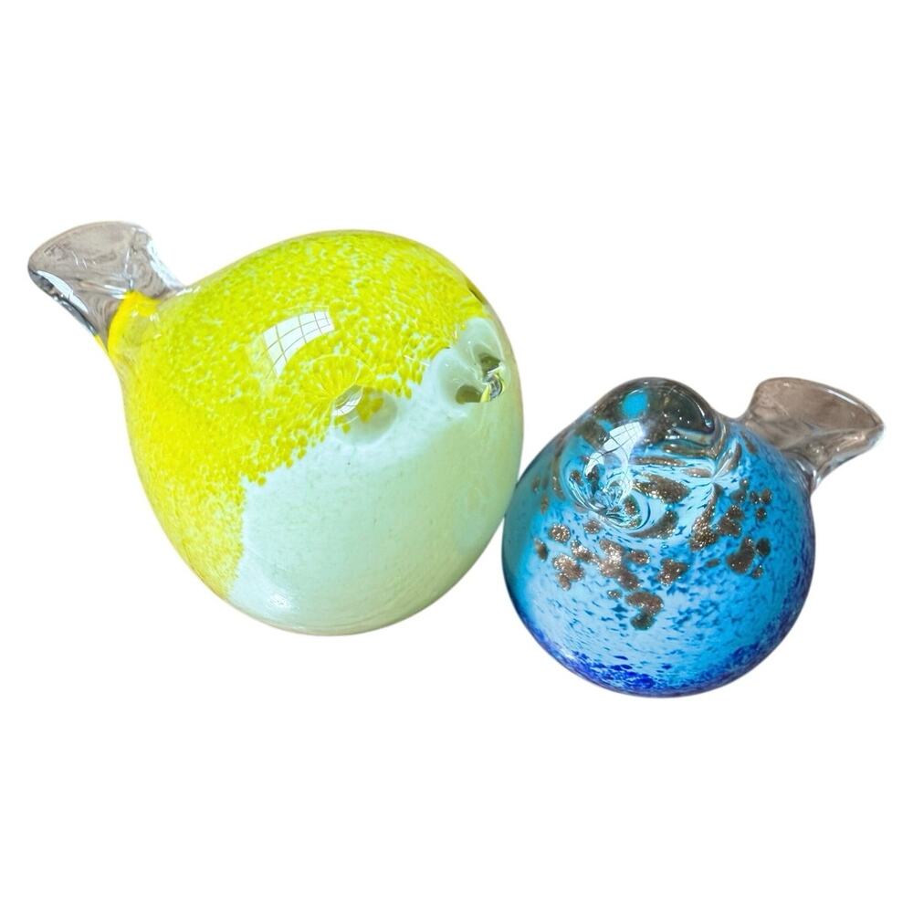 2 Art Glass Birds Speckled Yellow & Blue w/ Gold Flecks Modern Paperweights GUC